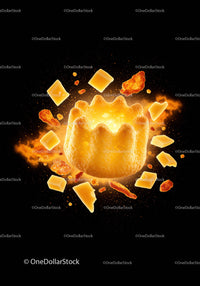 Cheese snack with flying crumbs and bold orange glow