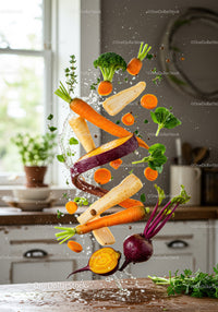 Fresh root vegetables suspended in midair with water splash