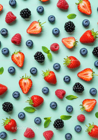Fresh Mixed Berries with Mint Leaves on Blue Background