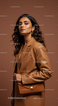 Stylish Woman Wearing Brown Leather Blazer and Gold Earrings in Fashion Portrait