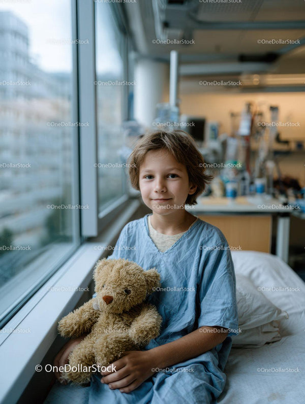 Young Child Sitting by Hospital Window with Teddy Bear