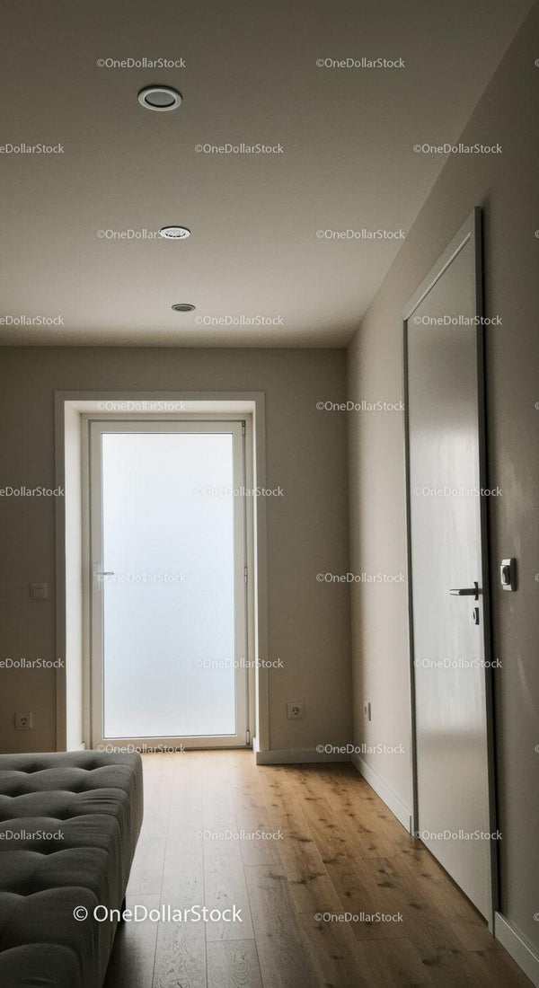 Minimalist Interior Hallway with Wooden Floor and White Door