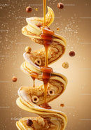 Swirling pancakes with flowing syrup and hazelnuts
