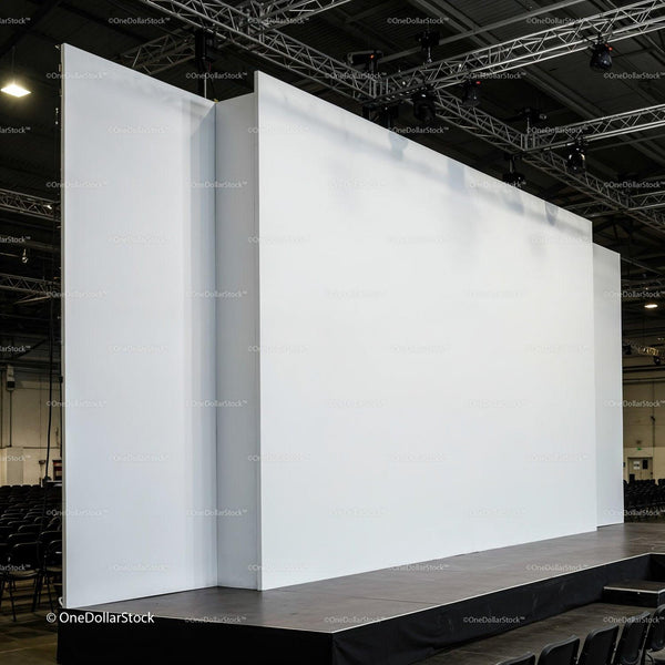Empty white stage with large backdrops in auditorium JPG Mockup Image