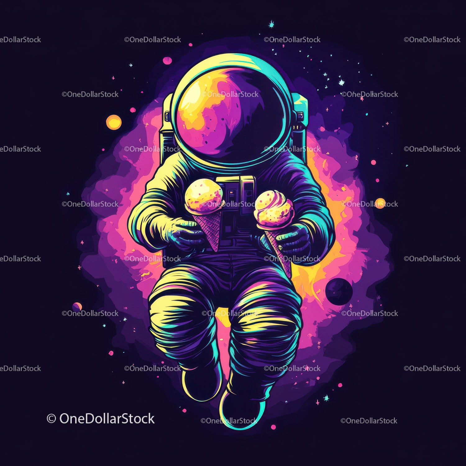 Colorful Astronaut Holding Ice Cream in Space with Galaxy Reflection