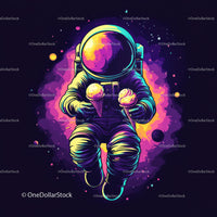 Colorful Astronaut Holding Ice Cream in Space with Galaxy Reflection