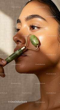 Young Woman Using Jade Roller for Facial Skin Rejuvenation