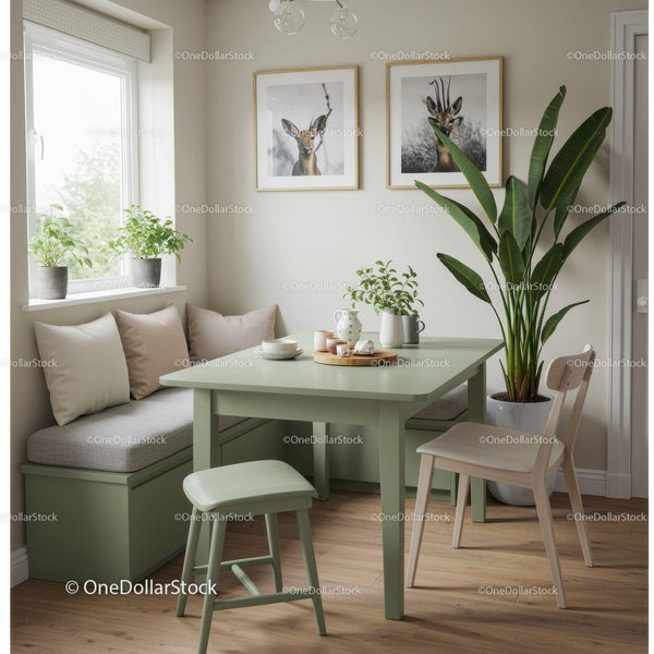 Stylish Cozy Dining Area with Green Plants and Wooden Furniture