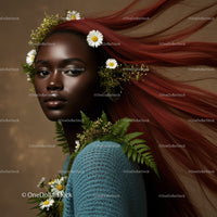 Elegant Portrait of a Woman with Flowing Red Hair and Botanical Accessories