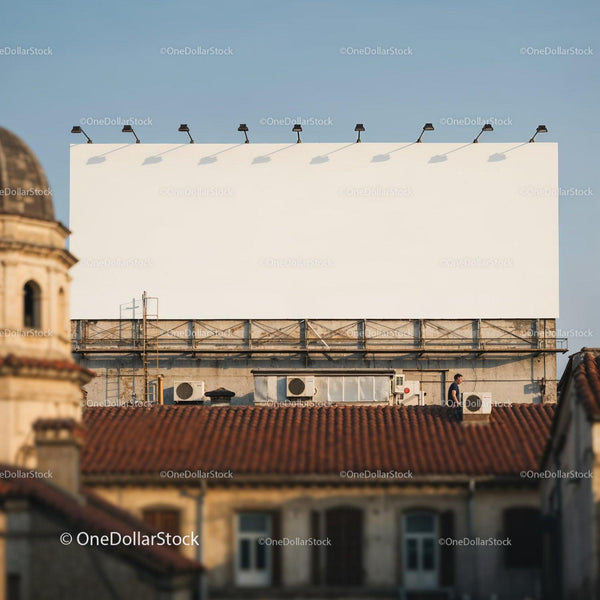 Blank Urban Billboard Above Rooftops at Sunset JPG Mockup Image