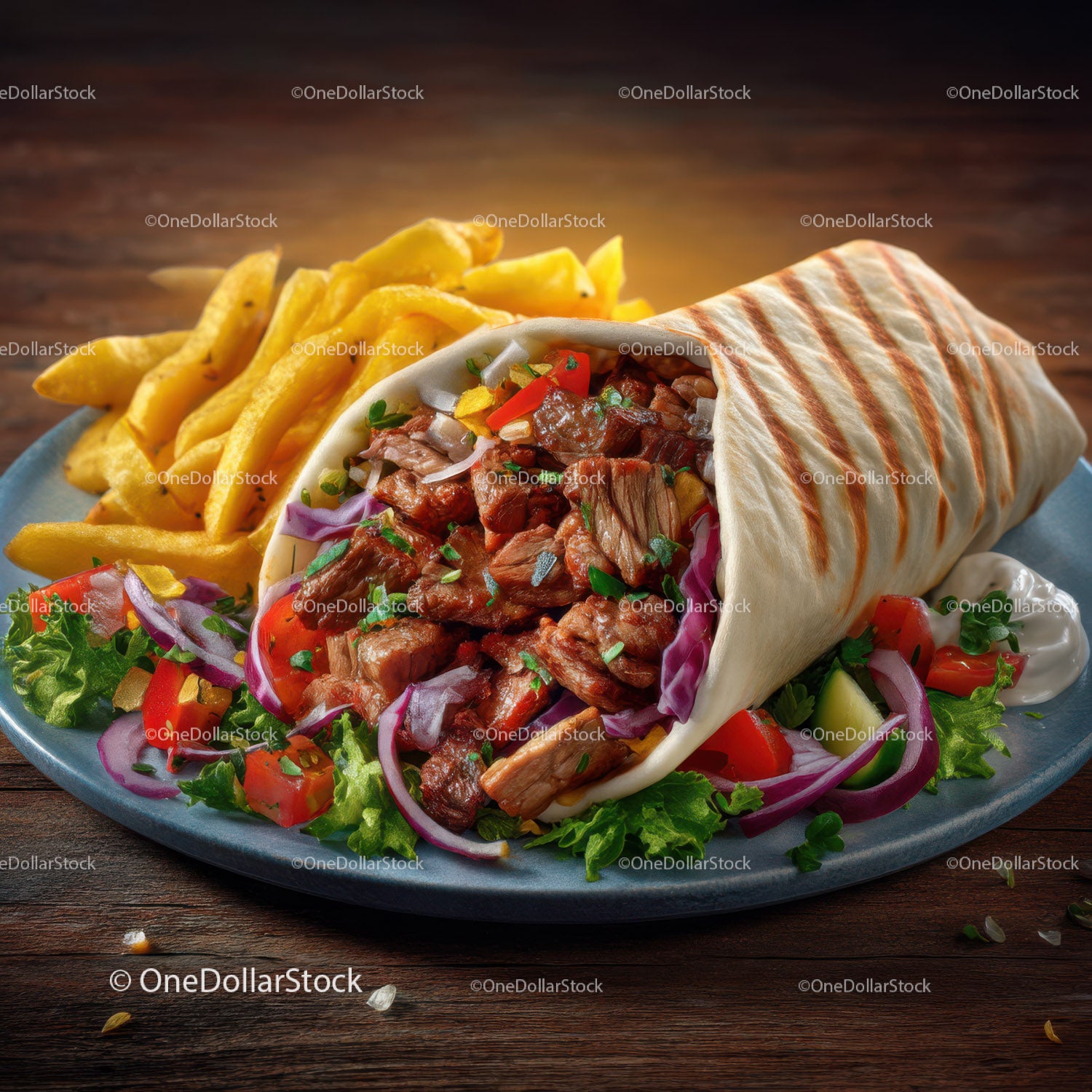 Hearty Beef Burrito with Fresh Vegetables and Crispy Fries