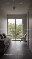 Modern Minimalist Living Room with Large Window and Forest View