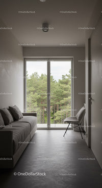 Modern Minimalist Living Room with Large Window and Forest View