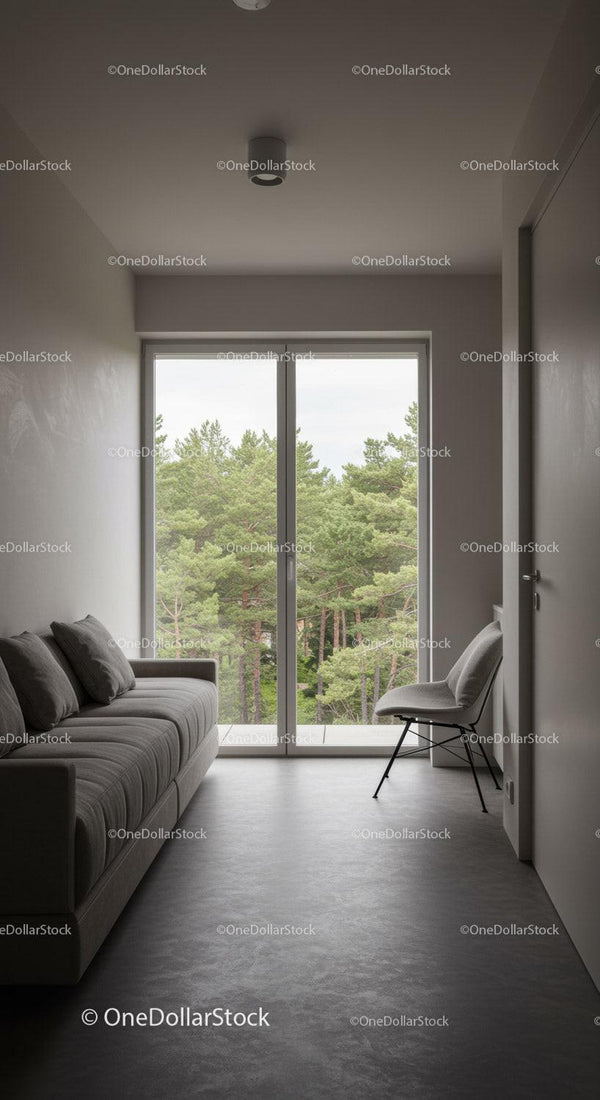 Nowoczesny minimalistyczny salon z dużym oknem i widokiem na las