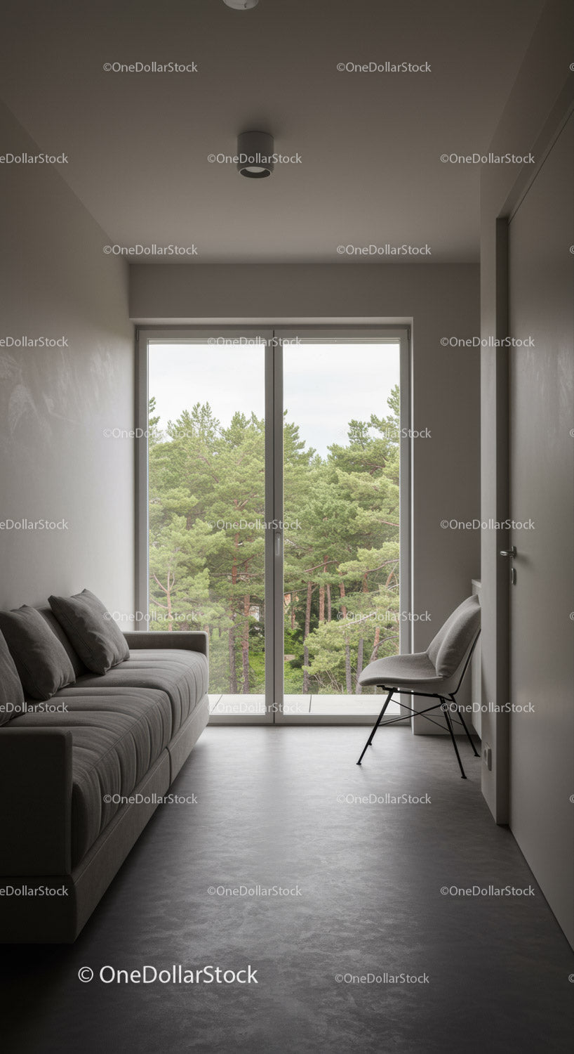 Nowoczesny minimalistyczny salon z dużym oknem i widokiem na las