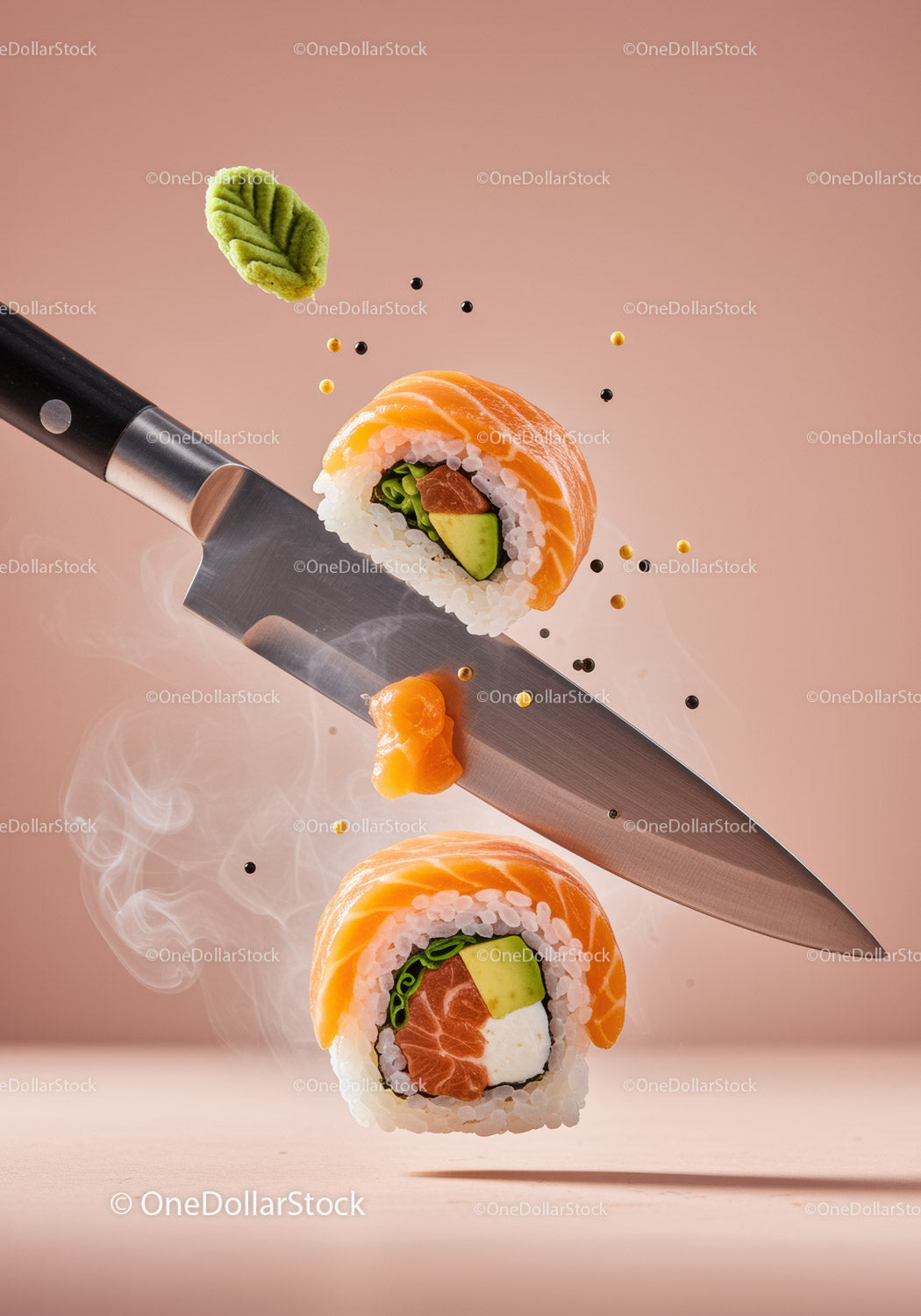 Świeże rolki sushi z łososiem i awokado na kuchennym nożu