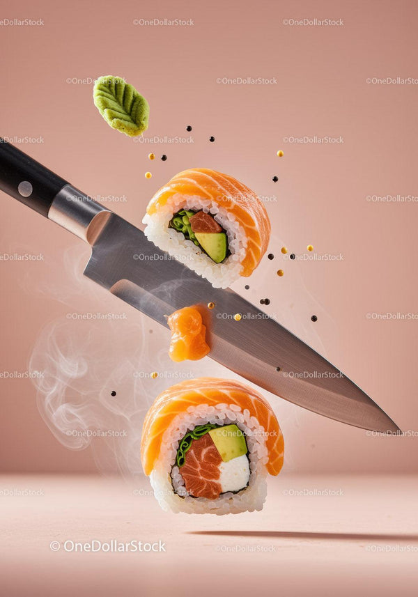 Fresh salmon sushi rolls with avocado on kitchen knife