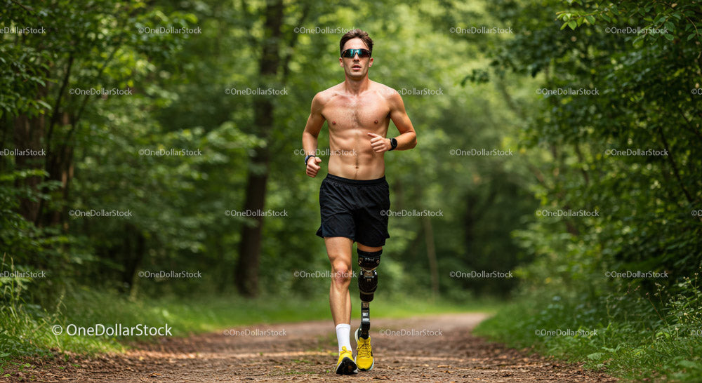 Young Man Running Shirtless in Lush Green Forest Trail