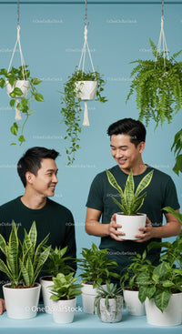 Two men sharing joy with lush houseplants indoors