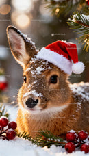 Close Up of Deer Wearing Santa Hat in Snowy Forest