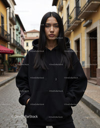 Fashionable Woman Wearing Black Hoodie in Urban City Street