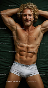 Smiling fit man lying relaxed on dark green bed