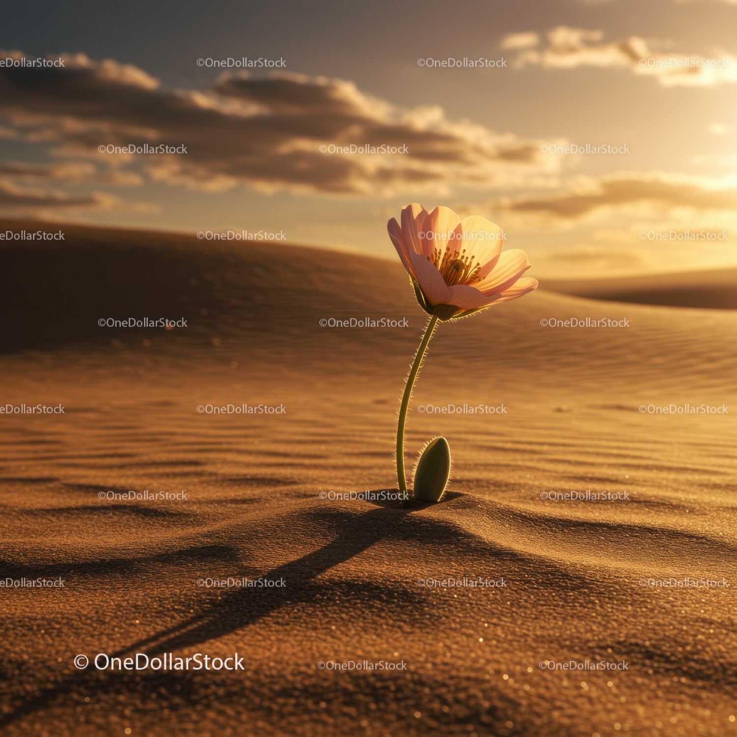 Delicate flower blooming alone in vast desert sand