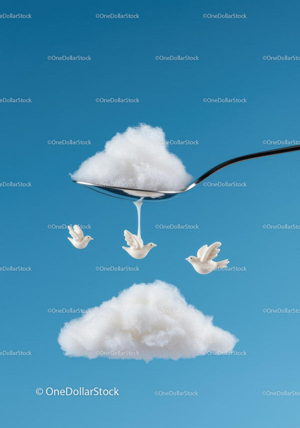 Spoon Pouring Cloud with Flying White Birds