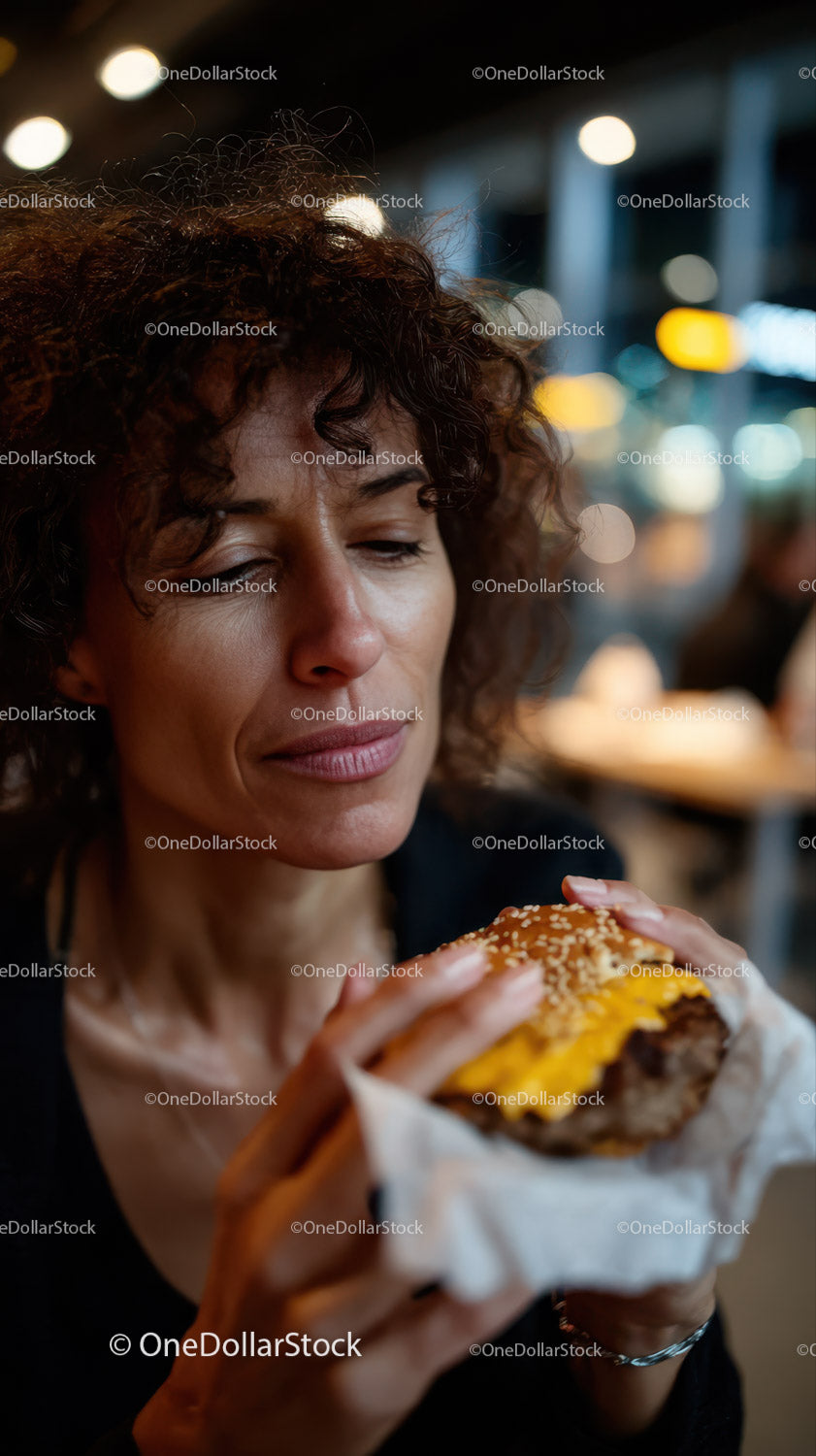Woman Enjoying Cheeseburger in Urban Night Scene