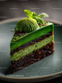 Green Matcha Cake Slice with Chocolate and Mint Garnishes