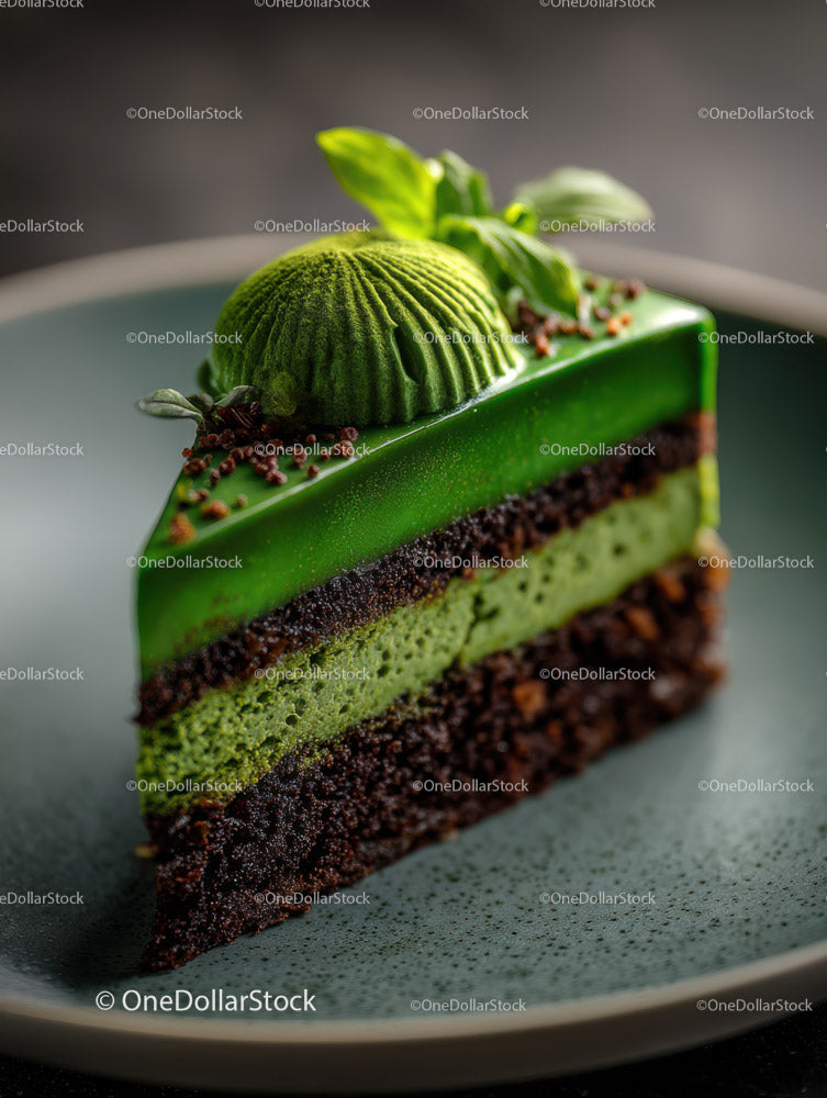 Green Matcha Cake Slice with Chocolate and Mint Garnishes