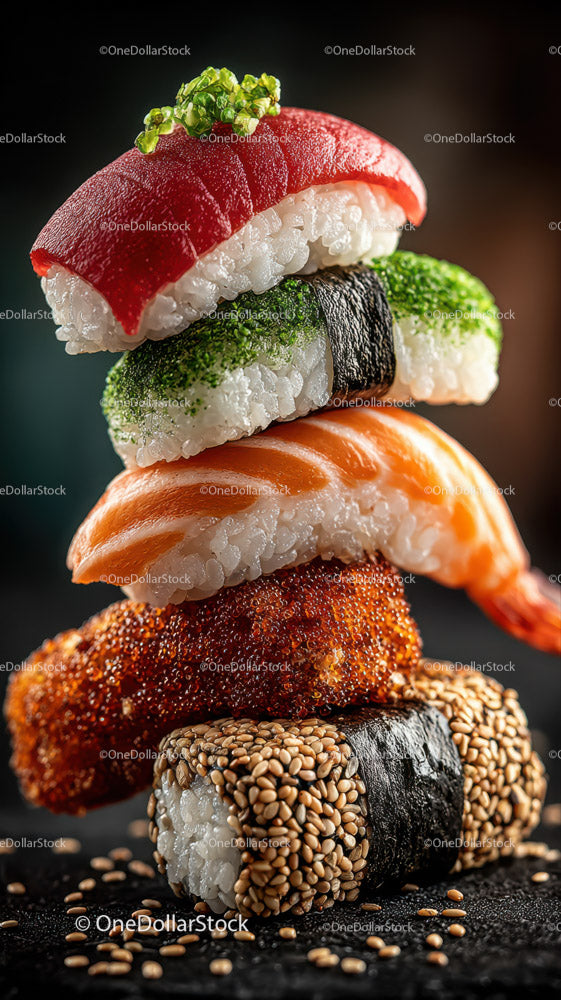 Colorful Sushi Stack with Fresh Fish and Crispy Coatings