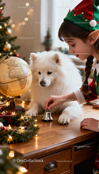 Girl in Elf Costume Playing With White Dog by Christmas Tree