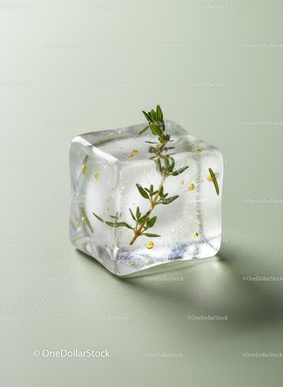 Ice Cube with Fresh Green Thyme and Drops