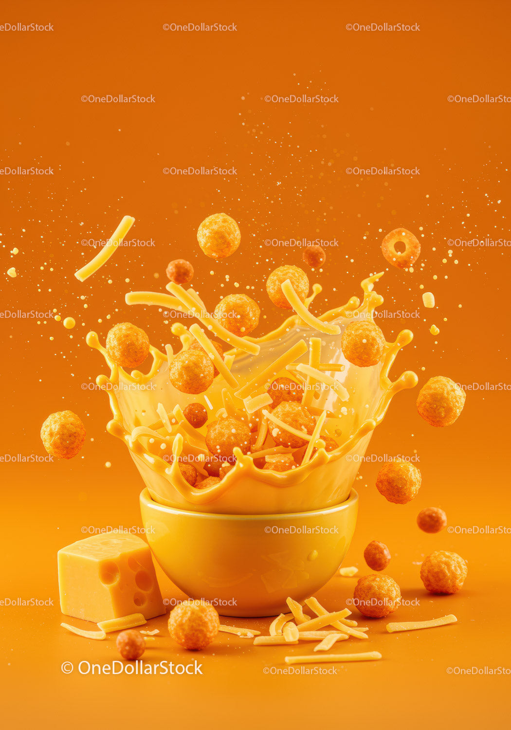 Cheese-flavored cereal bursting from bowl in splash