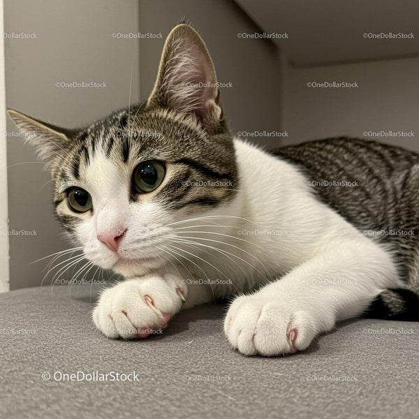 Curious tabby cat lying on soft gray surface