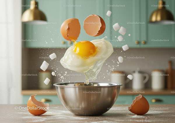 Fresh egg cracking over metal mixing bowl in kitchen