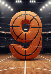 Number nine shaped as textured basketball on court