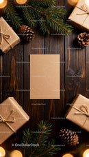 Rustic Christmas gifts and pine decoration flat lay JPG Mockup Image preview