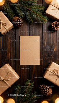 Rustic Christmas gifts and pine decoration flat lay JPG Mockup Image preview