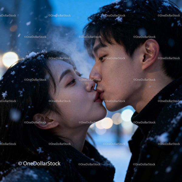 Couple sharing a tender kiss in snowy winter evening