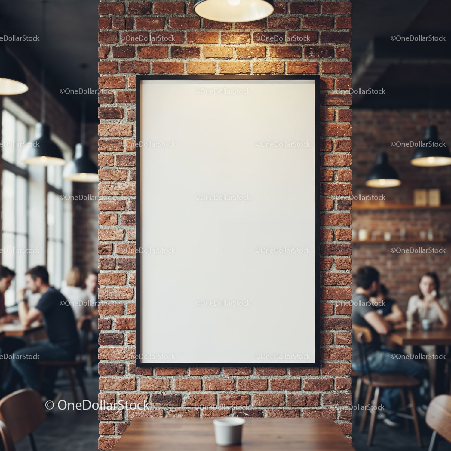 Blank poster board on brick wall in cozy cafe interior