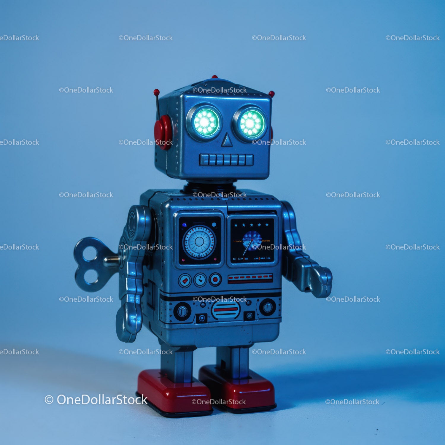 Retro Metallic Robot Toy with Glowing Eyes and Control Panel