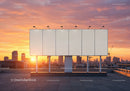 Blank Billboard with City Skyline at Sunset Over Rooftop