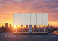 Blank Billboard with City Skyline at Sunset Over Rooftop