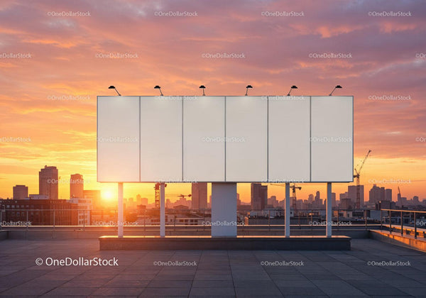 Blank Billboard with City Skyline at Sunset Over Rooftop JPG Mockup Image