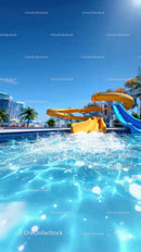 Colorful Water Slides at a Sunny Outdoor Pool with Clear Blue Water