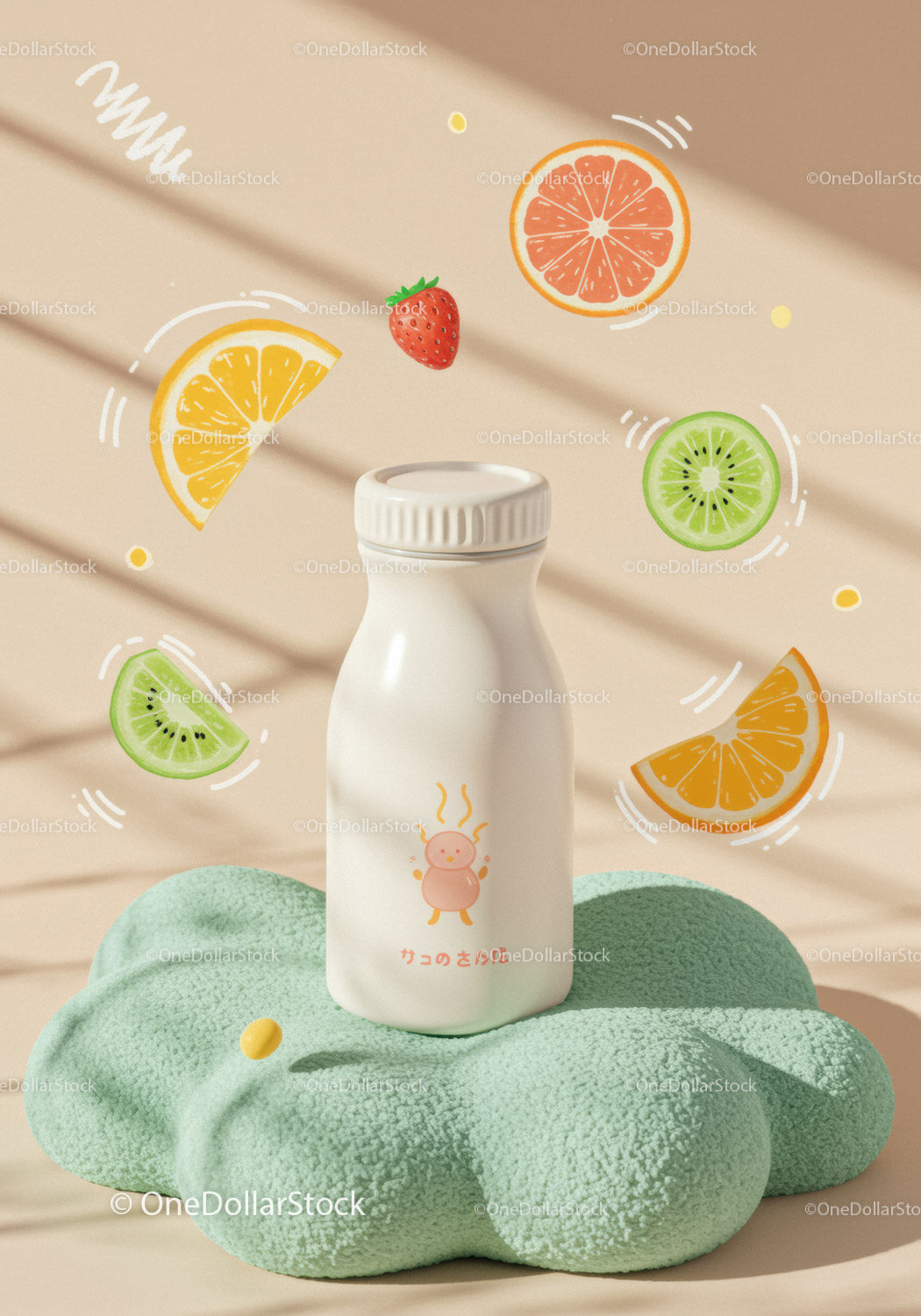 Minimalist yogurt bottle with floating fruit illustrations