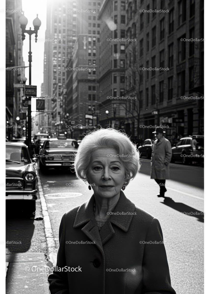 Elderly Woman in Busy City Street Surrounded by Vintage Cars