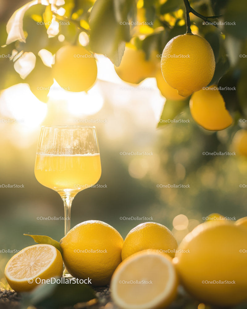 Świeże cytryny ze szklanką lemoniady na gałęzi drzewa cytrusowego w świetle słonecznym